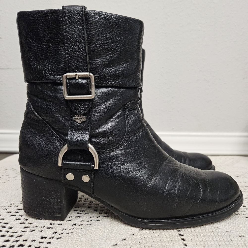 Harley Davidson Sadie Black Leather Bootie Size 7 Side Zip Closure Bikercore